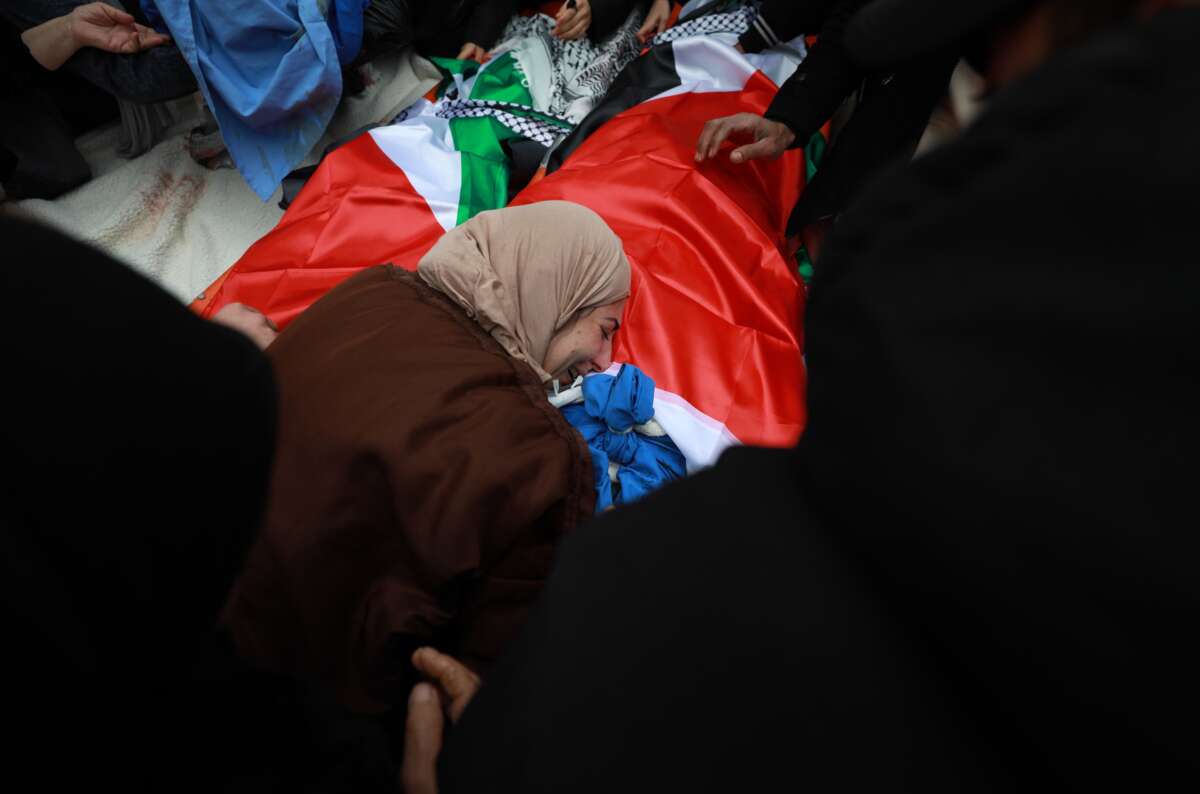 Relatives bid farewell to Ali Khaled Bani Odeh, 37; his wife Waad Othman Bani Odeh, 35; and their two children, 5-year-old Mohammad and 7-year-old Othman, on March 15, 2026. They were killed by Israeli occupation forces during a raid on the town of Tammun, south of Tubas, in the northern West Bank.