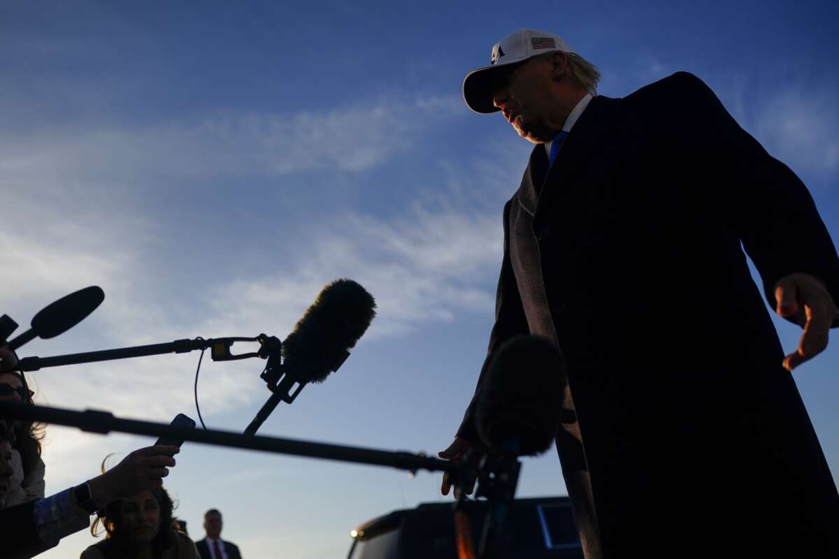Donald Trump speaks to the media before boarding Air Force One on March 13, 2026, at Joint Base Andrews, Maryland.