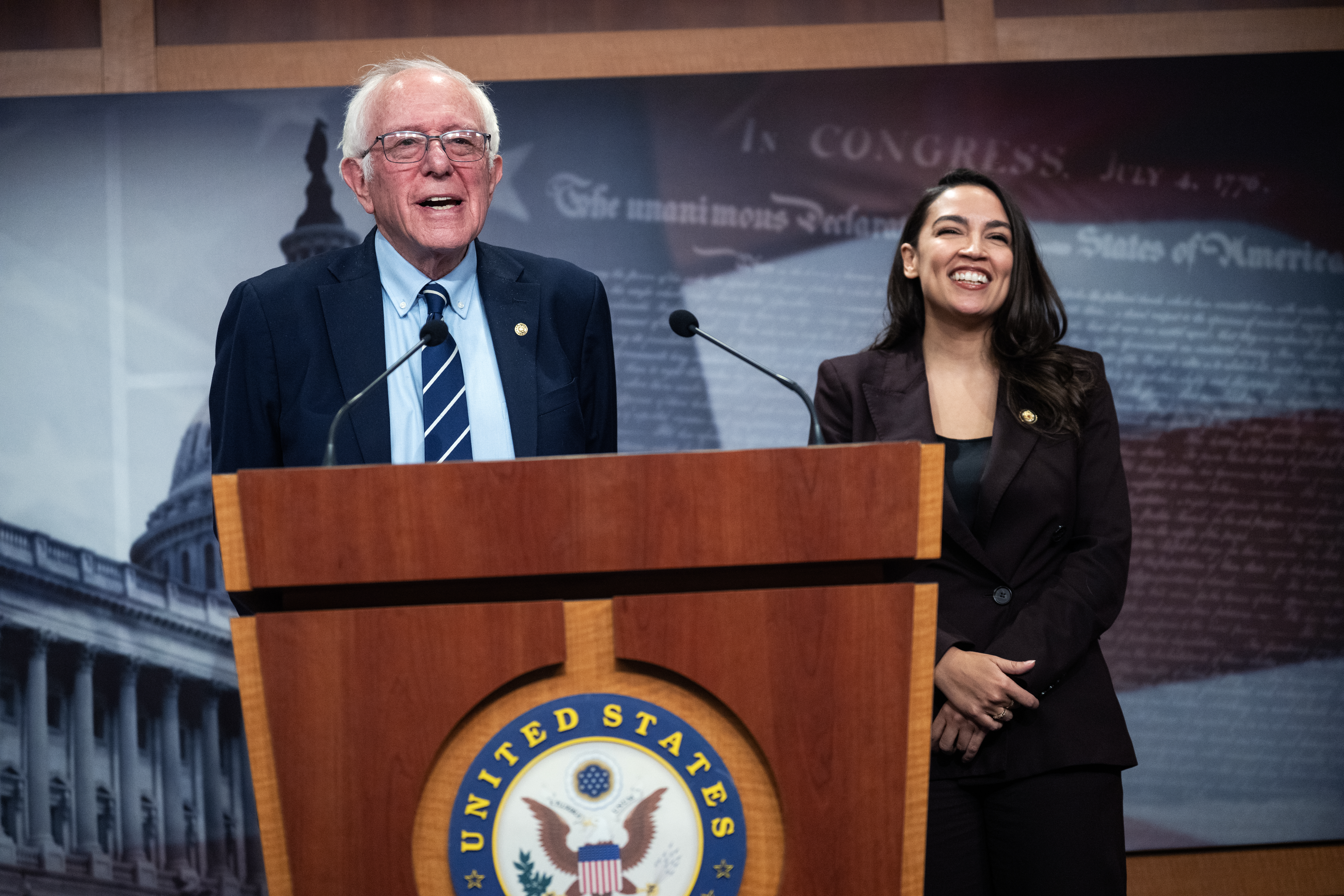 Sen. Bernie Sanders and Rep. Alexandria Ocasio-Cortez conduct a news conference to announce the Artificial Intelligence Data Center Moratorium Act in the U.S. Capitol on Wednesday, March 25, 2026.