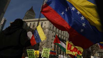 Supporters of Venezuelan President Nicolás Maduro protest outside the Daniel Patrick Moynihan United States Courthouse in New York City on March 26, 2026.