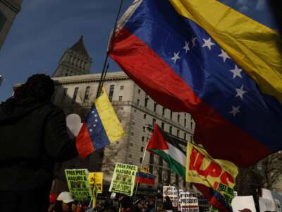 Supporters of Venezuelan President Nicolás Maduro protest outside the Daniel Patrick Moynihan United States Courthouse in New York City on March 26, 2026.