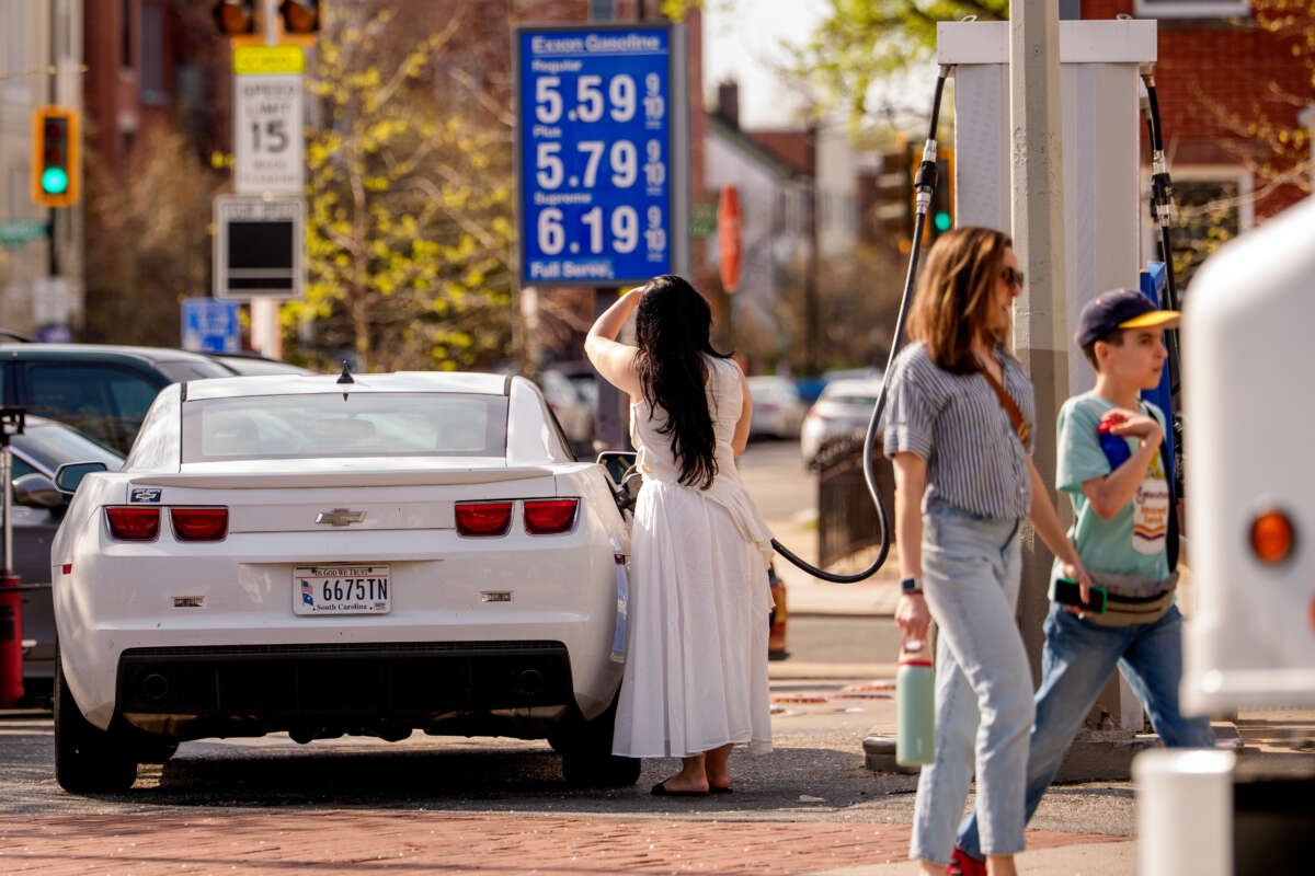 Gas prices over five dollars a gallon are displayed at an Exxon gas station near the U.S. Capitol Building on March 31, 2026, in Washington, D.C.