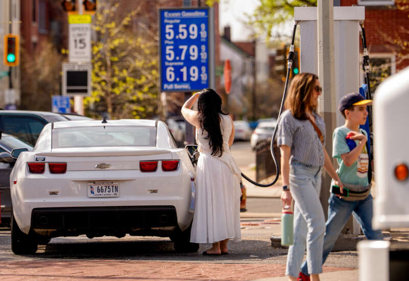 Gas prices over five dollars a gallon are displayed at an Exxon gas station near the U.S. Capitol Building on March 31, 2026, in Washington, D.C.