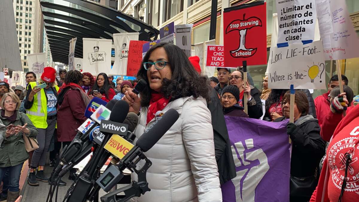 Amisha Patel speaks during a Chicago Teachers Union protest in 2019.