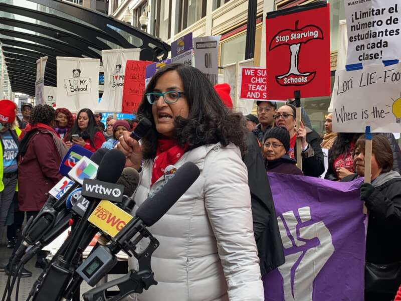 Amisha Patel speaks during a Chicago Teachers Union protest in 2019.