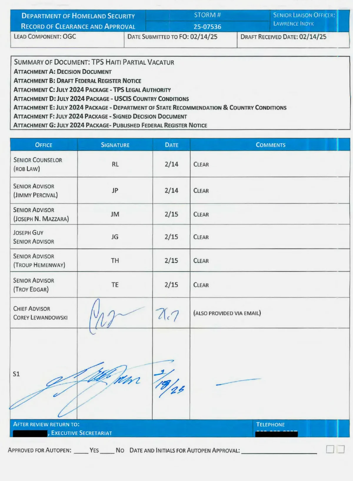 An internal Department of Homeland Security policy document from February 2025 shows agency officials, including top aide Corey Lewandowski and Kristi Noem — referred to as “S1,” signing off on a policy change.