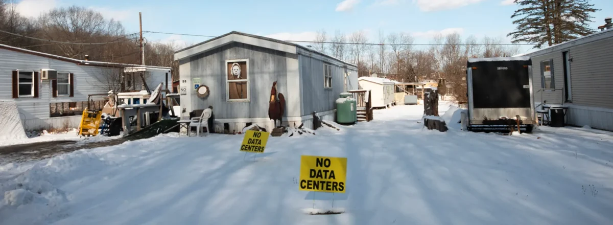 A “no data centers” sign sits in front of a home in Valley View Estates, which is set to be surrounded by data centers.