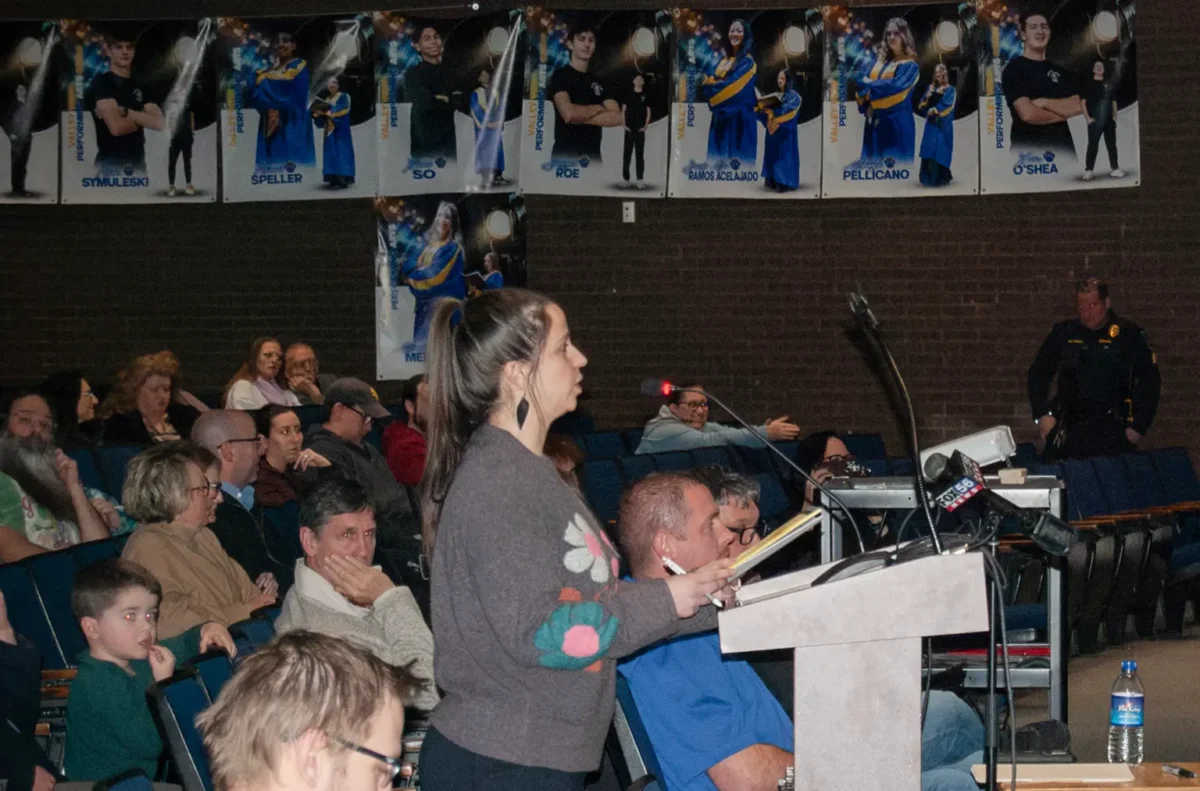 Tamara Misewicz-Healey speaks at a town hall meeting about proposed data centers in Archibald, Pennsylvania.