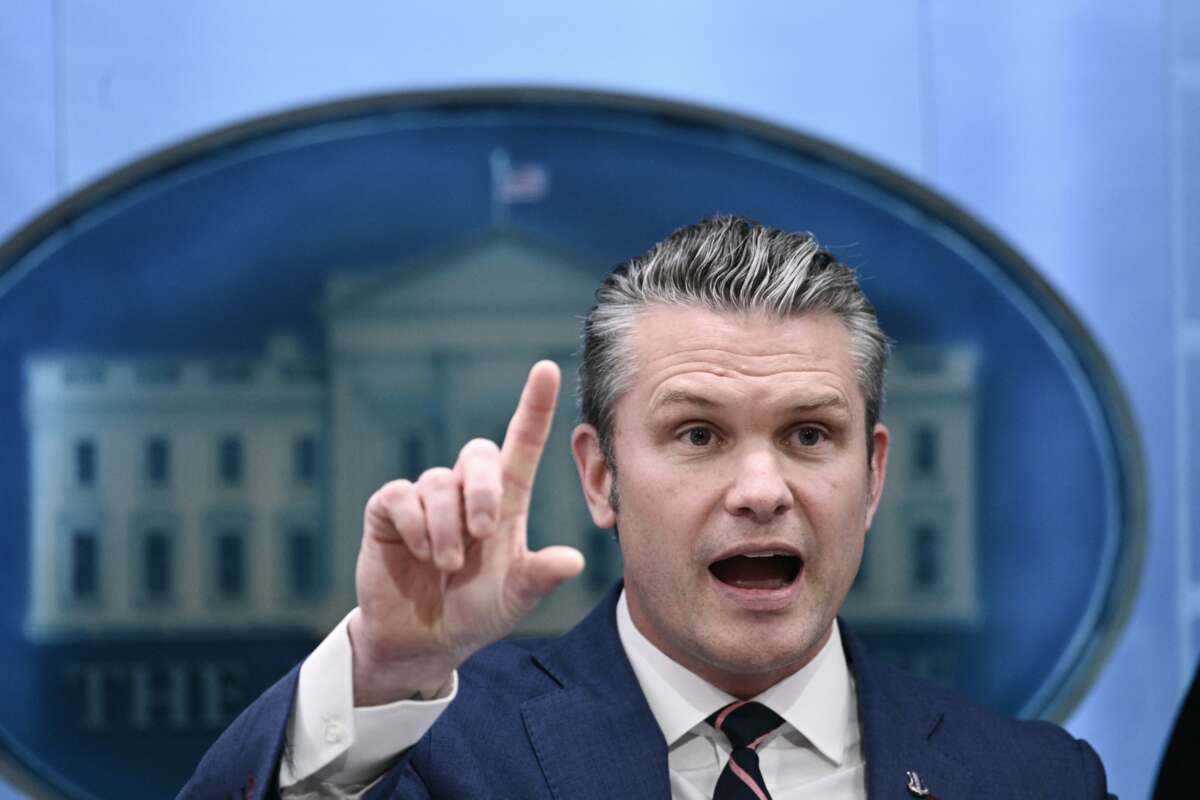 U.S. Secretary of Defense Pete Hegseth speaks about the conflict in Iran in the James S. Brady Press Briefing Room of the White House on April 6, 2026, in Washington, D.C.