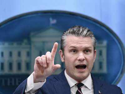U.S. Secretary of Defense Pete Hegseth speaks about the conflict in Iran in the James S. Brady Press Briefing Room of the White House on April 6, 2026, in Washington, D.C.