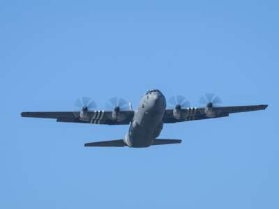 A US Air Force Lockheed C-130 Hercules military transport aircraft takes off from RAF Fairford on March 19, 2026 in Fairford, England. Since UK Prime Minister Keir Starmer back-tracked on his initial refusal to allow the U.S. to use British bases to launch defensive strikes against Iranian missile sites, a variety of U.S. military aircraft, including B52 and B-1 bombers, have been spotted at RAF Fairford in Gloucestershire.