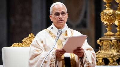 Pope Leo XIV delivers his speech during the Chrism Mass for Holy Thursday in St. Peter's Basilica.