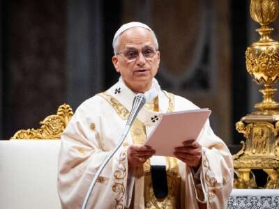 Pope Leo XIV delivers his speech during the Chrism Mass for Holy Thursday in St. Peter's Basilica.