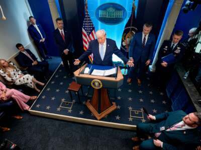 U.S. President Donald Trump, accompanied by CIA Director John Ratcliffe (C-L), Secretary of War Pete Hegseth (2nd-R) and Chairman of the Joint Chiefs of Staff General Dan Caine (R), speaks during a news conference in James S. Brady Press Briefing Room of the White House on April 06, 2026 in Washington, D.C.