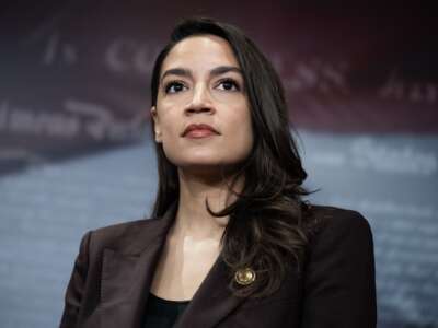 Rep. Alexandria Ocasio-Cortez (D-New York) attends a news conference with Sen. Bernie Sanders (I-Vermont) to announce the Artificial Intelligence Data Center Moratorium Act in the U.S. Capitol on Wednesday, March 25, 2026.