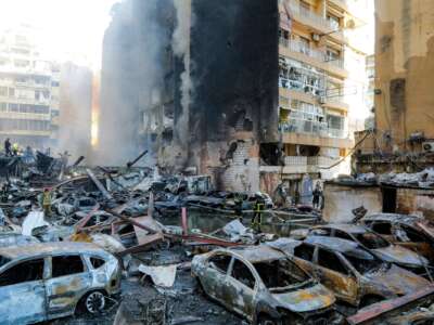 Firefighters attempt to extinguish a fire following an Israeli strike at the Corniche al-Mazraa neighbourhood of Beirut on April 8, 2026. Around 2:00 pm, a series of Israeli strikes slammed into the Lebanese capital without warning, triggering scenes of panic.