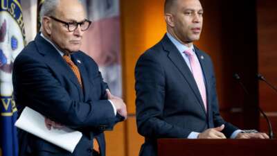 U.S. Senate Minority Leader Chuck Schumer and U.S. House Minority Leader Hakeem Jeffries hold a press conference on Capitol Hill in Washington, D.C., on January 8, 2026.