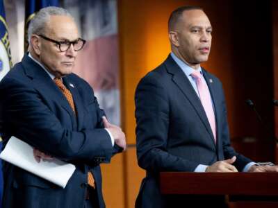 U.S. Senate Minority Leader Chuck Schumer and U.S. House Minority Leader Hakeem Jeffries hold a press conference on Capitol Hill in Washington, D.C., on January 8, 2026.