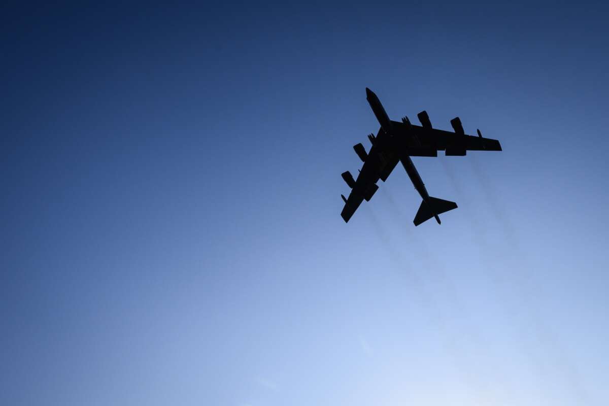 A United States Air Force B-52 Stratofortress strategic bomber is seen in the sky after taking off from RAF Fairford on March 19, 2026 in Fairford, England. Since UK Prime Minister Keir Starmer back-tracked on his initial refusal to allow the U.S. to use British bases to launch defensive strikes against Iranian missile sites, a variety of U.S. military aircraft, including B52 and B-1 bombers, have been spotted at RAF Fairford in Gloucestershire.