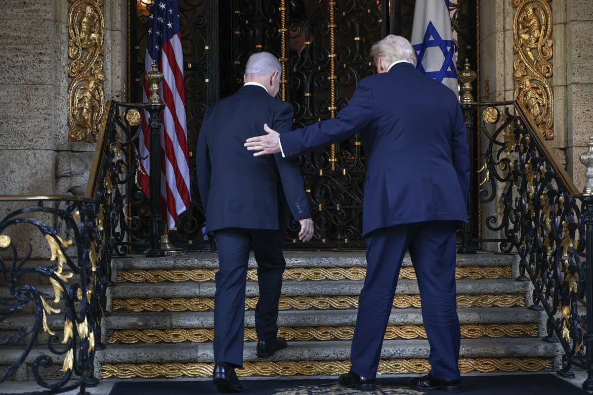 U.S. President Donald Trump welcomes Israeli Prime Minister Benjamin Netanyahu to his Mar-a-Lago club on December 29, 2025 in Palm Beach, Florida.