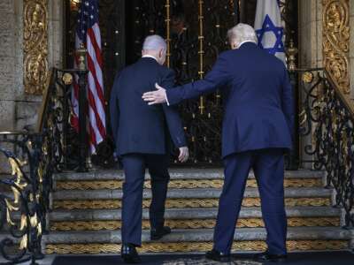 U.S. President Donald Trump welcomes Israeli Prime Minister Benjamin Netanyahu to his Mar-a-Lago club on December 29, 2025 in Palm Beach, Florida.