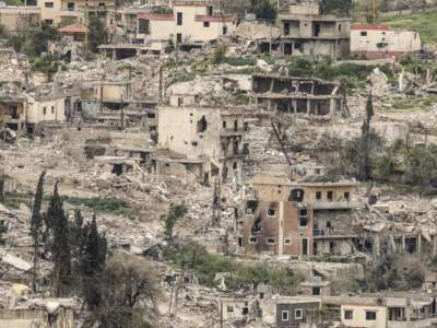 A photograph taken from the Israeli side of the border with Lebanon shows destroyed buildings in southern Lebanon on April 15, 2026.