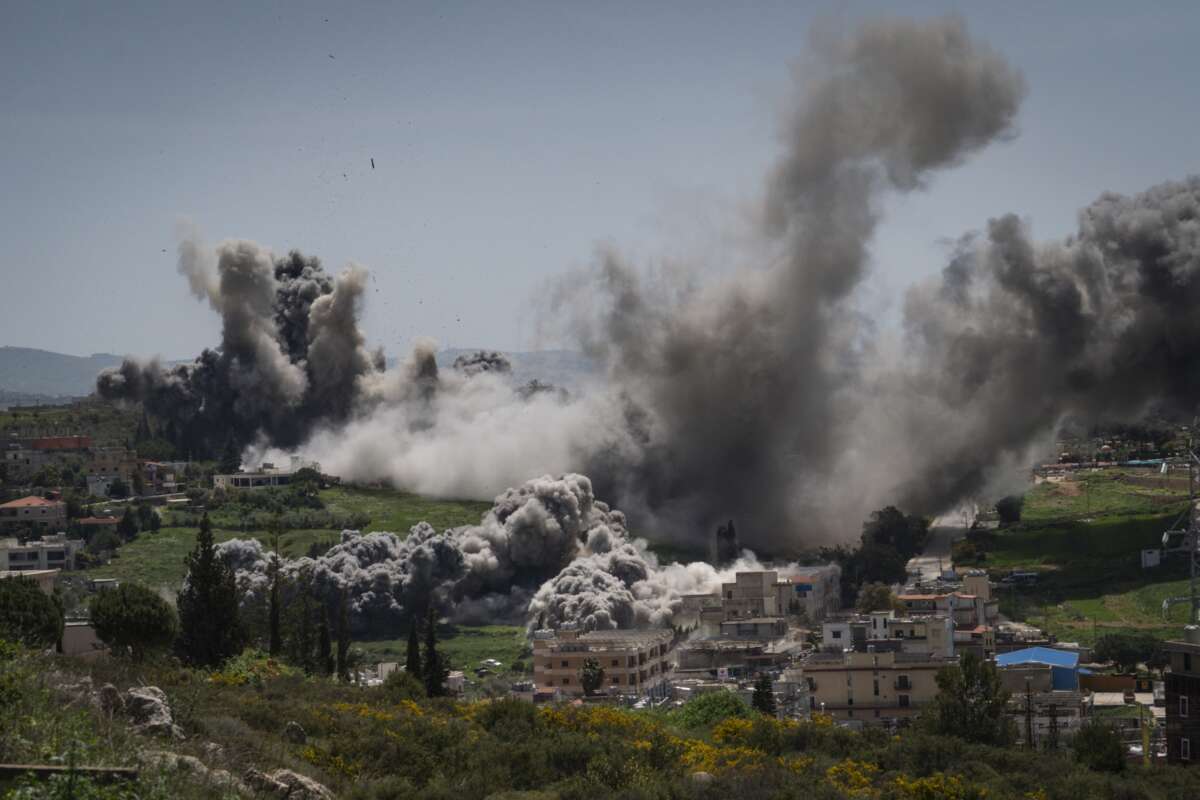 An Israeli airstrike is seen on April 16, 2026 in Nabatieh, Lebanon.