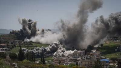 An Israeli airstrike is seen on April 16, 2026 in Nabatieh, Lebanon.