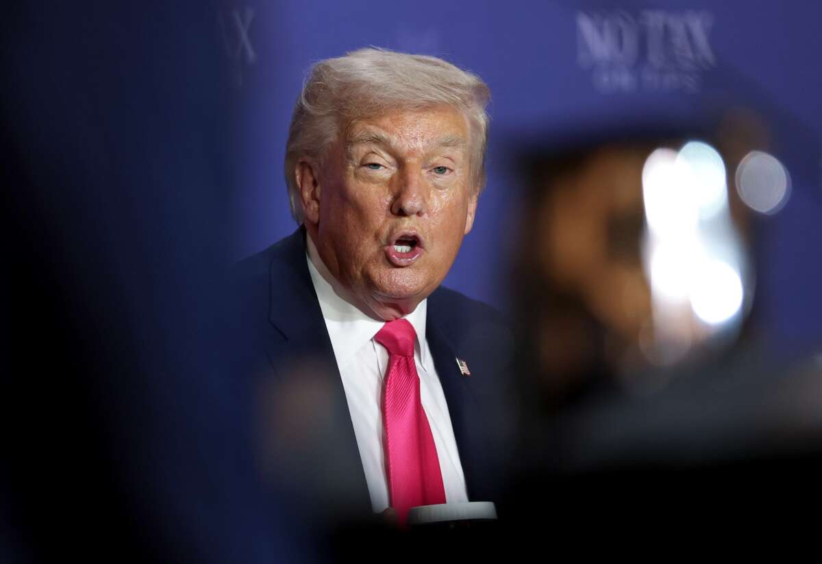 U.S. President Donald Trump speaks during a roundtable discussion on his “No Tax on Tips” policy at the AC Hotel on April 16, 2026 in Las Vegas, Nevada.