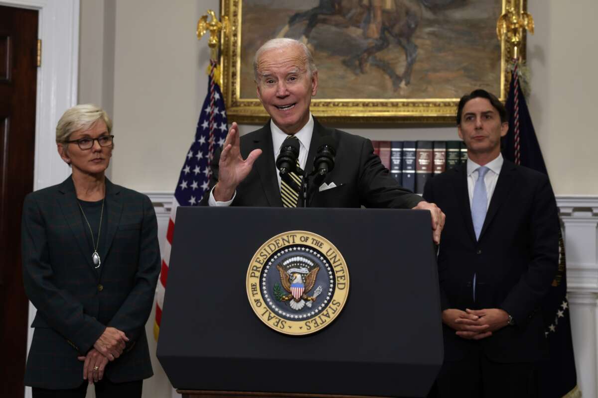 U.S. President Joe Biden delivers remarks on energy as (L-R) Secretary of Energy Jennifer Granholm and Special Presidential Coordinator Amos Hochstein listen during an event in the Roosevelt Room of the White House October 19, 2022 in Washington, D.C.