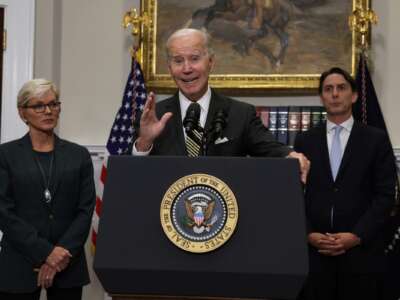 U.S. President Joe Biden delivers remarks on energy as (L-R) Secretary of Energy Jennifer Granholm and Special Presidential Coordinator Amos Hochstein listen during an event in the Roosevelt Room of the White House October 19, 2022 in Washington, D.C.