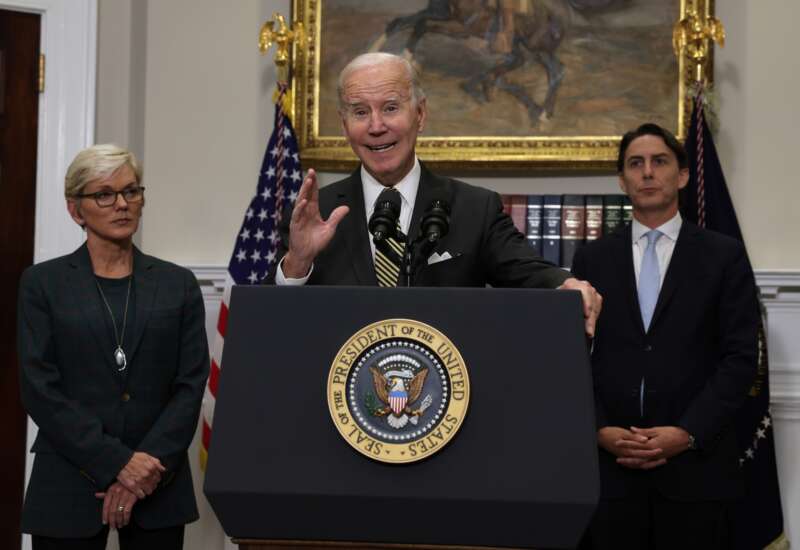 U.S. President Joe Biden delivers remarks on energy as (L-R) Secretary of Energy Jennifer Granholm and Special Presidential Coordinator Amos Hochstein listen during an event in the Roosevelt Room of the White House October 19, 2022 in Washington, D.C.