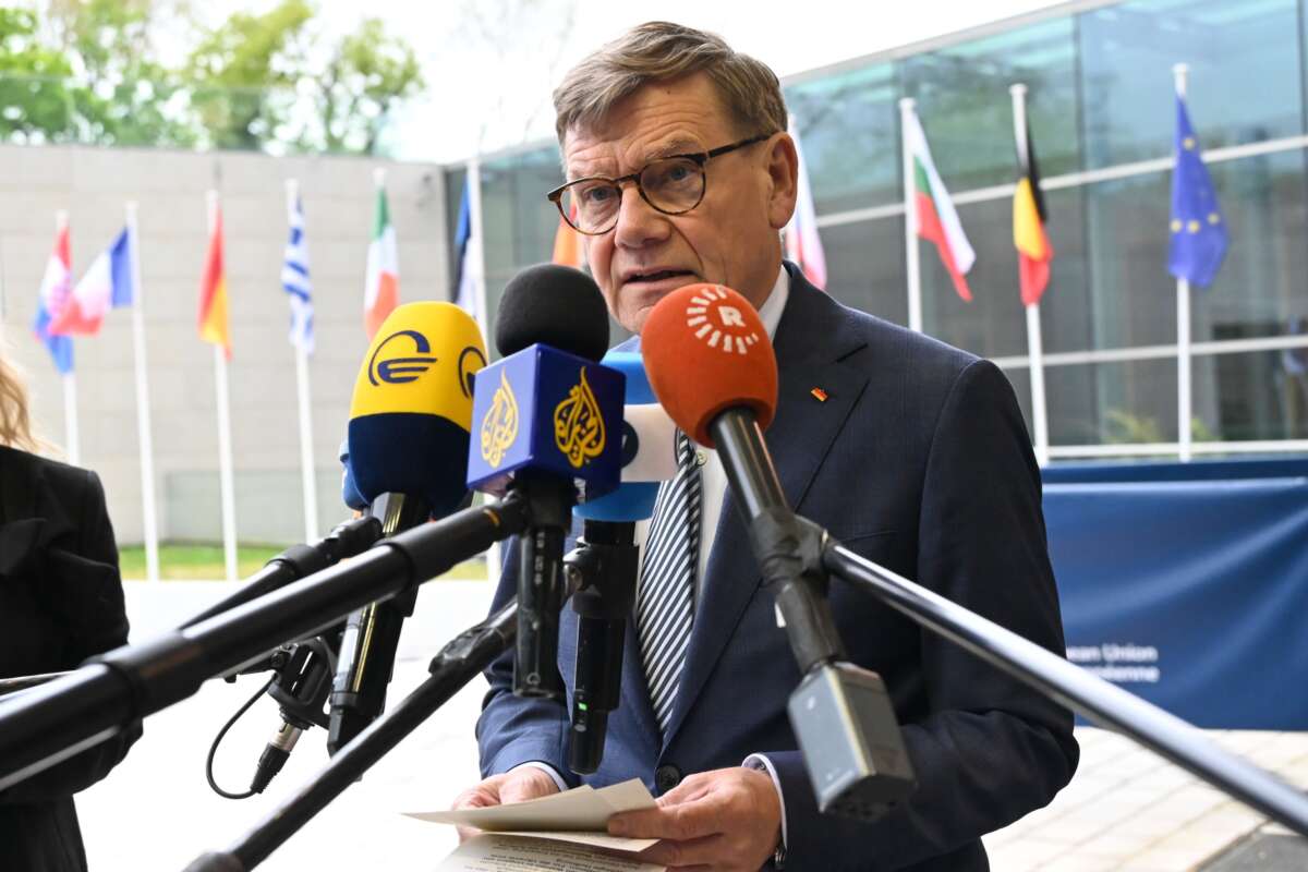 German Foreign Minister Johann Wadephul speaks to journalists at the EU Foreign Ministers' Meeting on April 21, 2026.