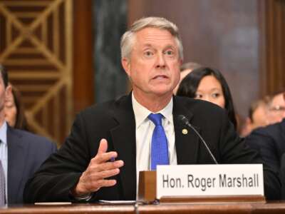 U.S. Sen. Roger Marshall (R-Kansas) testifies during the Senate Judiciary Committee hearing entitled “Breaking the Visa-Mastercard Duopoly: Bringing Competition and Lower Fees to the Credit Card System” on Capitol Hill in Washington, D.C., on November 19, 2024.