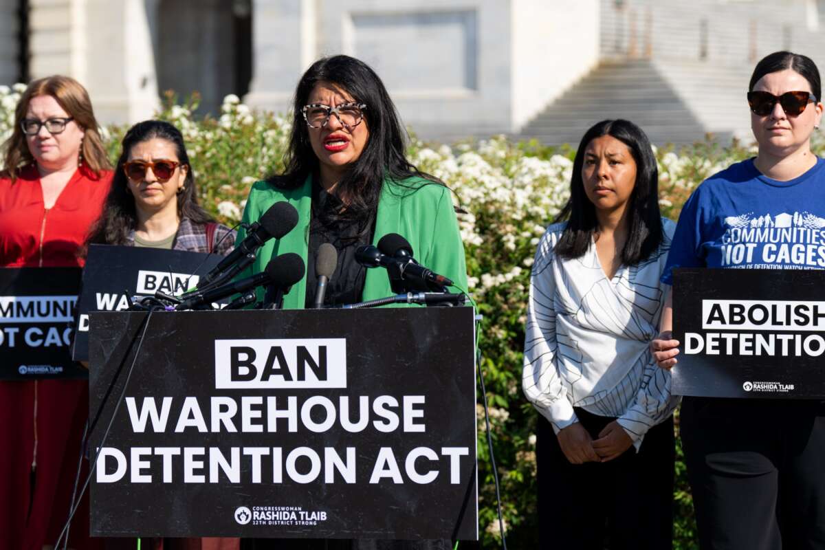 Rep. Rashida Tlaib (D-Michigan) holds a news conference on the Ban Warehouse Detention Act outside the U.S. Capitol on Thursday, April 16, 2026.