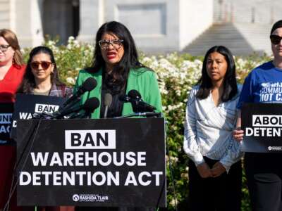 Rep. Rashida Tlaib (D-Michigan) holds a news conference on the Ban Warehouse Detention Act outside the U.S. Capitol on Thursday, April 16, 2026.