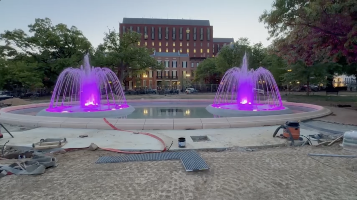 A screenshot of a video showing a completed set of fountains in Lafayette Square posted by the president on his Truth Social account.