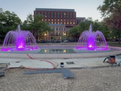 A screenshot of a video showing a completed set of fountains in Lafayette Square posted by the president on his Truth Social account.