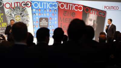 Politico co-founders John Harris (L) and Jim VandeHei speak during an Axel Springer Event entitled "Press Get Together 2014" in Berlin, Germany, on December 9, 2014.