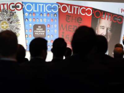 Politico co-founders John Harris (L) and Jim VandeHei speak during an Axel Springer Event entitled "Press Get Together 2014" in Berlin, Germany, on December 9, 2014.