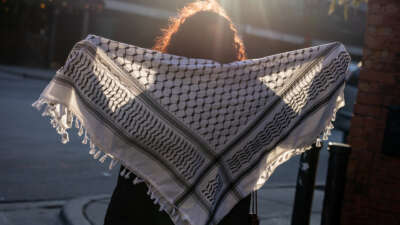 25-year-old Celine Khalife, one of many who lost their jobs after being targeted by a StopAntisemitism doxxing campaign, is photographed holding a Palestinian keffiyeh, on January 11, 2024, in Chicago, Illinois.