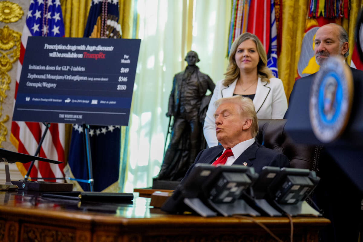 President Donald Trump appears at an event on lowering drug prices in the Oval Office at the White House on November 6, 2025, in Washington, D.C.