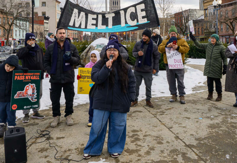 Jahaira Roldan, of the New York Immigration Coalition, speaks during a protest on January 3, 2025, in Townsend Park in Albany, New York.