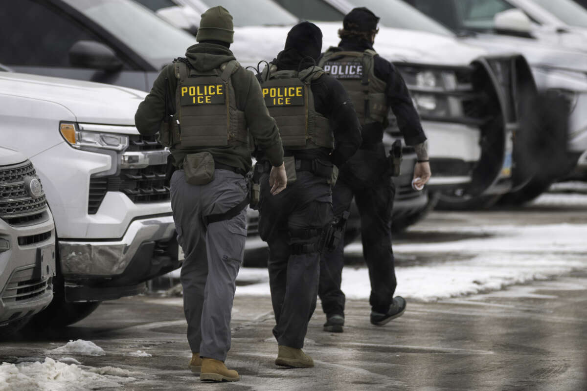 ICE agents depart the Bishop Henry Whipple Federal Building on February 4, 2026, in Minneapolis, Minnesota.