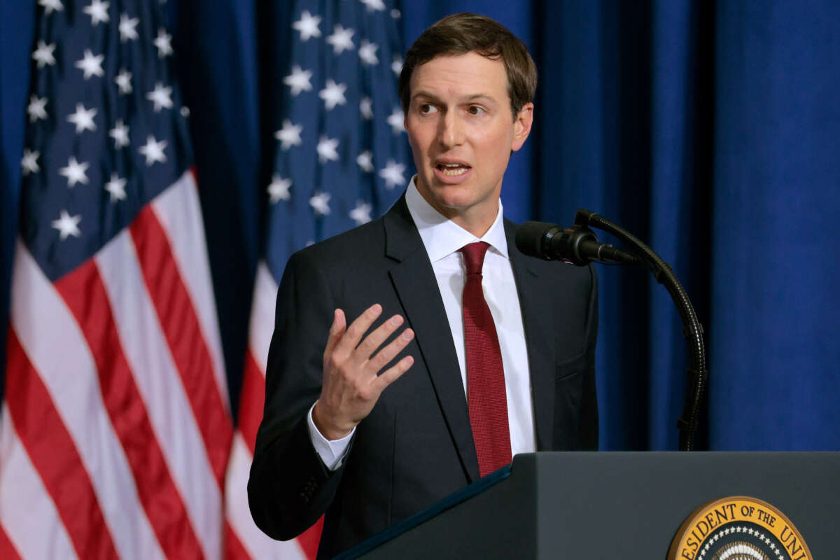 Jared Kushner speaks during the inaugural meeting of the Board of Peace at the Donald J. Trump Institute of Peace on February 19, 2026, in Washington, D.C.