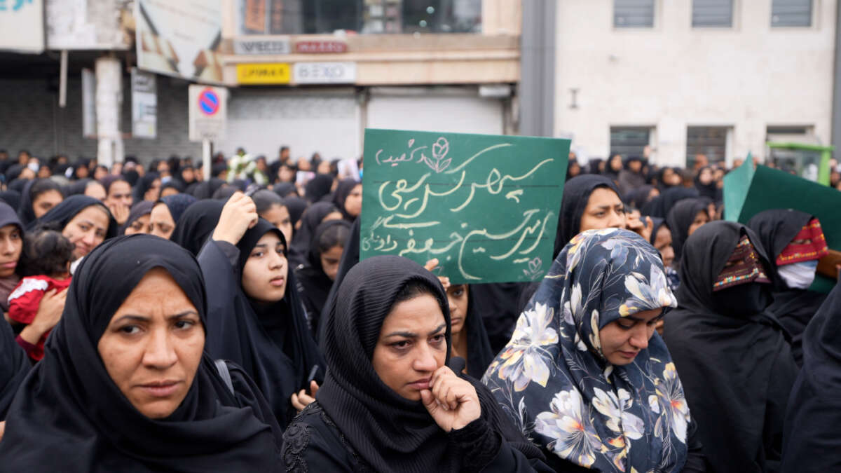 Women gather as funerals are held for students and staff who were killed in a U.S.-Israeli strike on a girls' school on February 28, on March 3, 2026, in Minab, Iran.