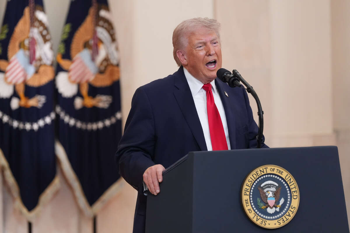 President Donald Trump speaks from the Cross Hall of the White House on April 1, 2026, in Washington, D.C.