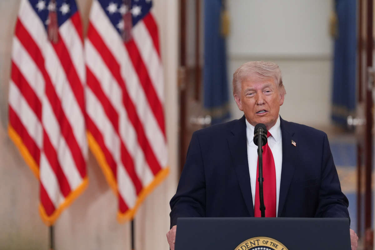 U.S. President Donald Trump speaks from the Cross Hall of the White House on April 1, 2026, in Washington, D.C.