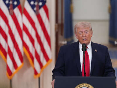 U.S. President Donald Trump speaks from the Cross Hall of the White House on April 1, 2026, in Washington, D.C.
