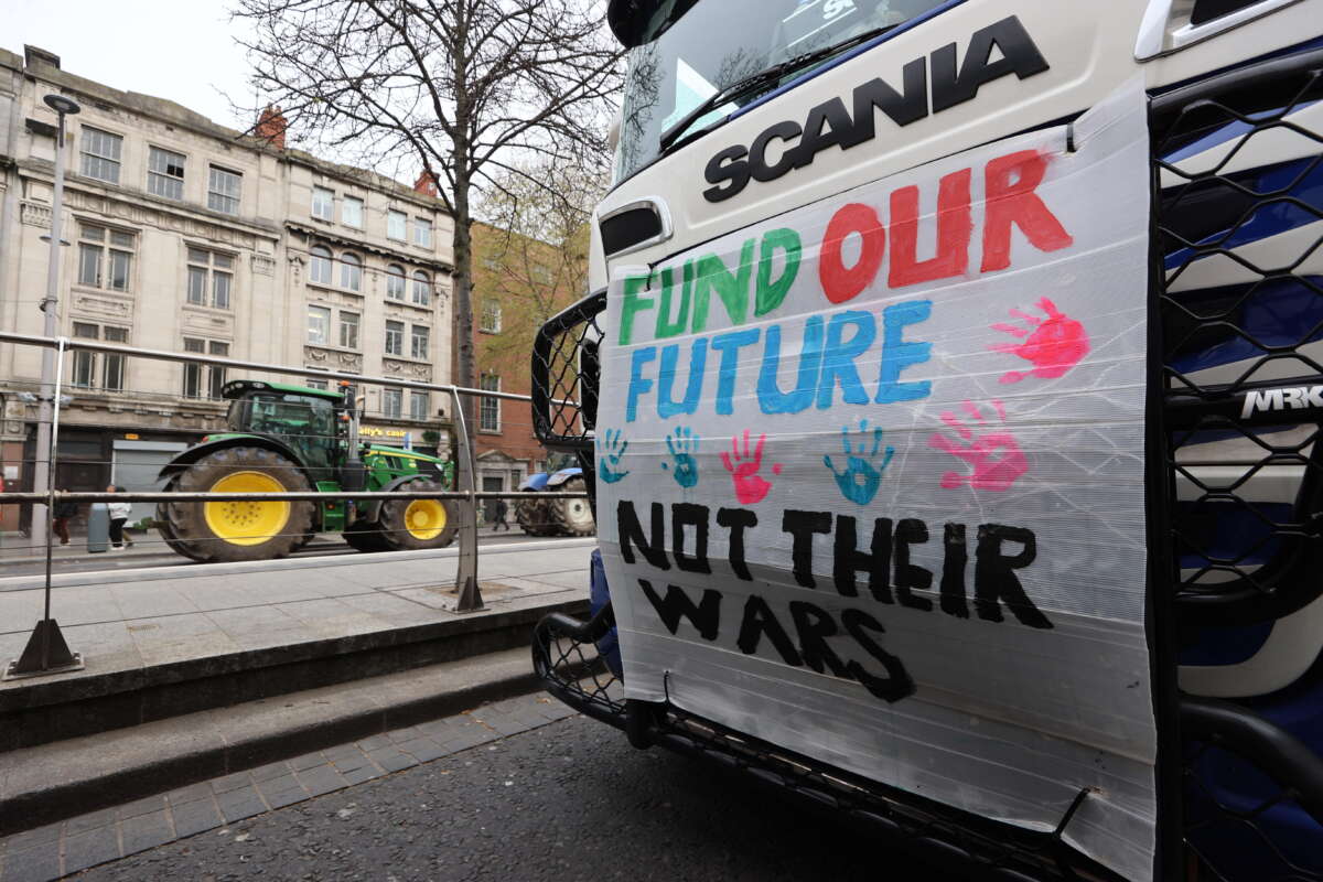 Vehicles take part on the fourth day of a National Fuel Protest against rising fuel prices on O'Connell Street in Dublin, Ireland, on April 10, 2026.